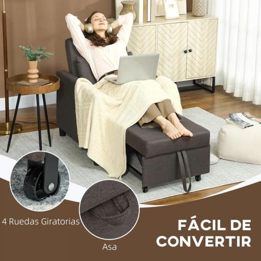 Sofá Cama de 1 Plaza Tapizado en Lino con Respaldo Ajustable de 3 Niveles y Almohada Acolchada 69x82,5x84 cm Marrón [4]