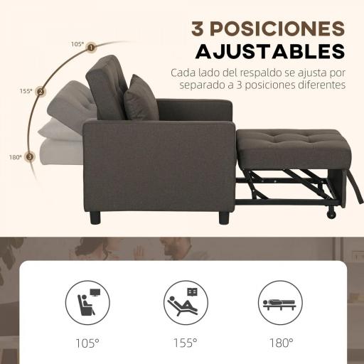 Sofá Cama de 1 Plaza Tapizado en Lino con Respaldo Ajustable de 3 Niveles y Almohada Acolchada 69x82,5x84 cm Marrón [5]