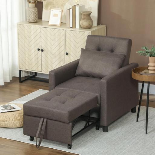 Sofá Cama de 1 Plaza Tapizado en Lino con Respaldo Ajustable de 3 Niveles y Almohada Acolchada 69x82,5x84 cm Marrón [6]