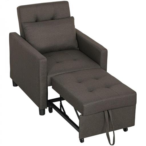 Sofá Cama de 1 Plaza Tapizado en Lino con Respaldo Ajustable de 3 Niveles y Almohada Acolchada 69x82,5x84 cm Marrón [10]