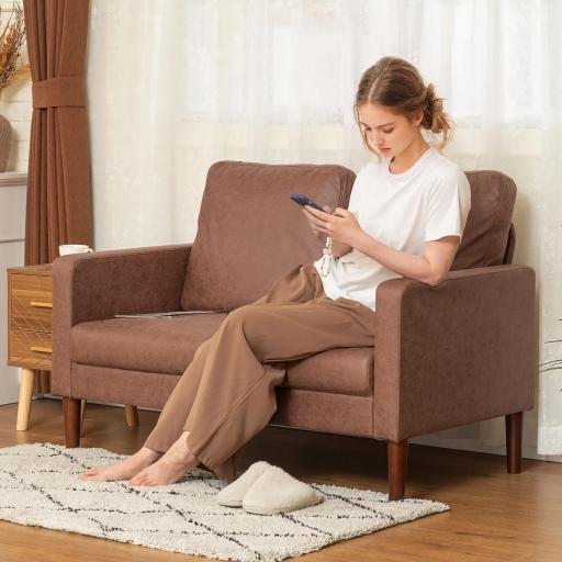 Sofá de 2 Plazas Tapizado en Microfibra con Patas de Madera Reposabrazos 130x78x85 cm Marrón [6]