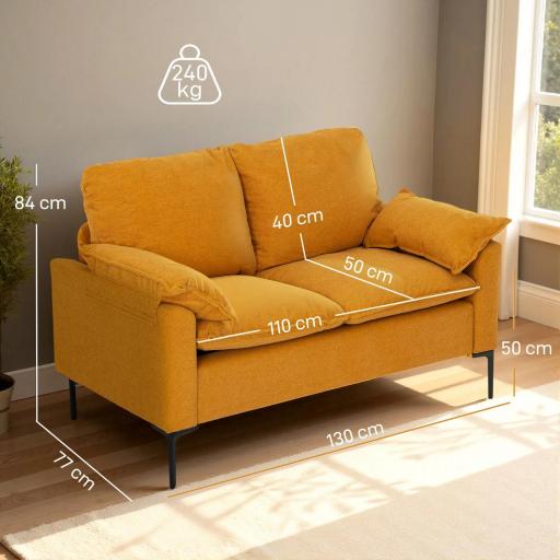 Sofá de 2 Plazas Tapizado en Terciopelo con Patas de Metal Reposabrazos Acolchado 130x77x84 cm Amarillo [1]