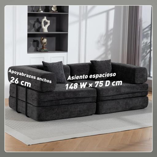 Sofá Cama de 2 Plazas Plegable Tapizado en Chenilla con Acolchado Grueso Reposabrazos Anchos 2 Almohadas Gris Oscuro [5]