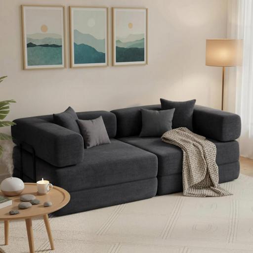 Sofá Cama de 2 Plazas Plegable Tapizado en Chenilla con Acolchado Grueso Reposabrazos Anchos 2 Almohadas Gris Oscuro [6]