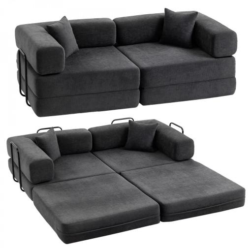 Sofá Cama de 2 Plazas Plegable Tapizado en Chenilla con Acolchado Grueso Reposabrazos Anchos 2 Almohadas Gris Oscuro [8]