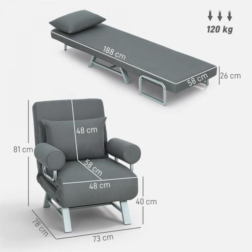 Sillón Cama Individual 3 en 1 Sofá Cama Plegable con Respaldo Ajustable y Cojín para Sala Dormitorio 73x78x81 cm Gris [1]