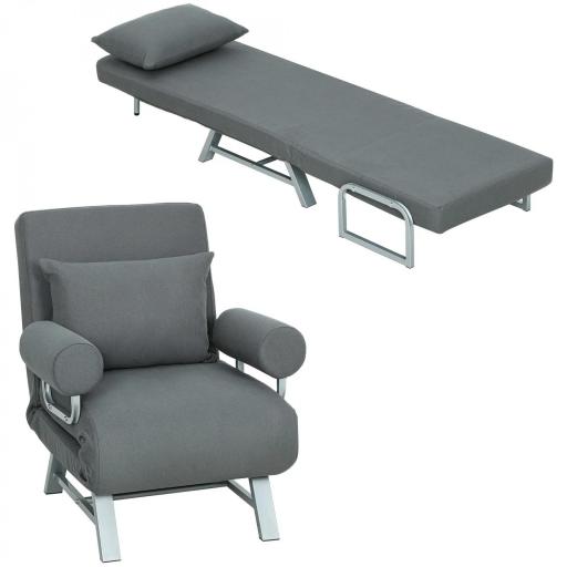 Sillón Cama Individual 3 en 1 Sofá Cama Plegable con Respaldo Ajustable y Cojín para Sala Dormitorio 73x78x81 cm Gris [8]
