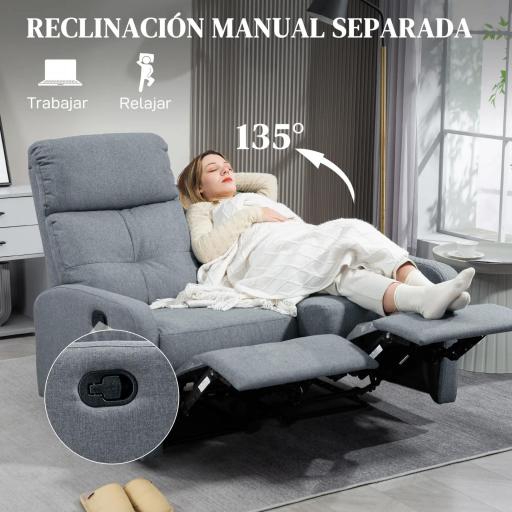 Sofá de 2 Plazas Reclinable Manual Tapizado en Lino con Reposapiés y Acolchado Grueso 118x95x101 cm Gris [2]