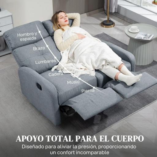Sofá de 2 Plazas Reclinable Manual Tapizado en Lino con Reposapiés y Acolchado Grueso 118x95x101 cm Gris [6]