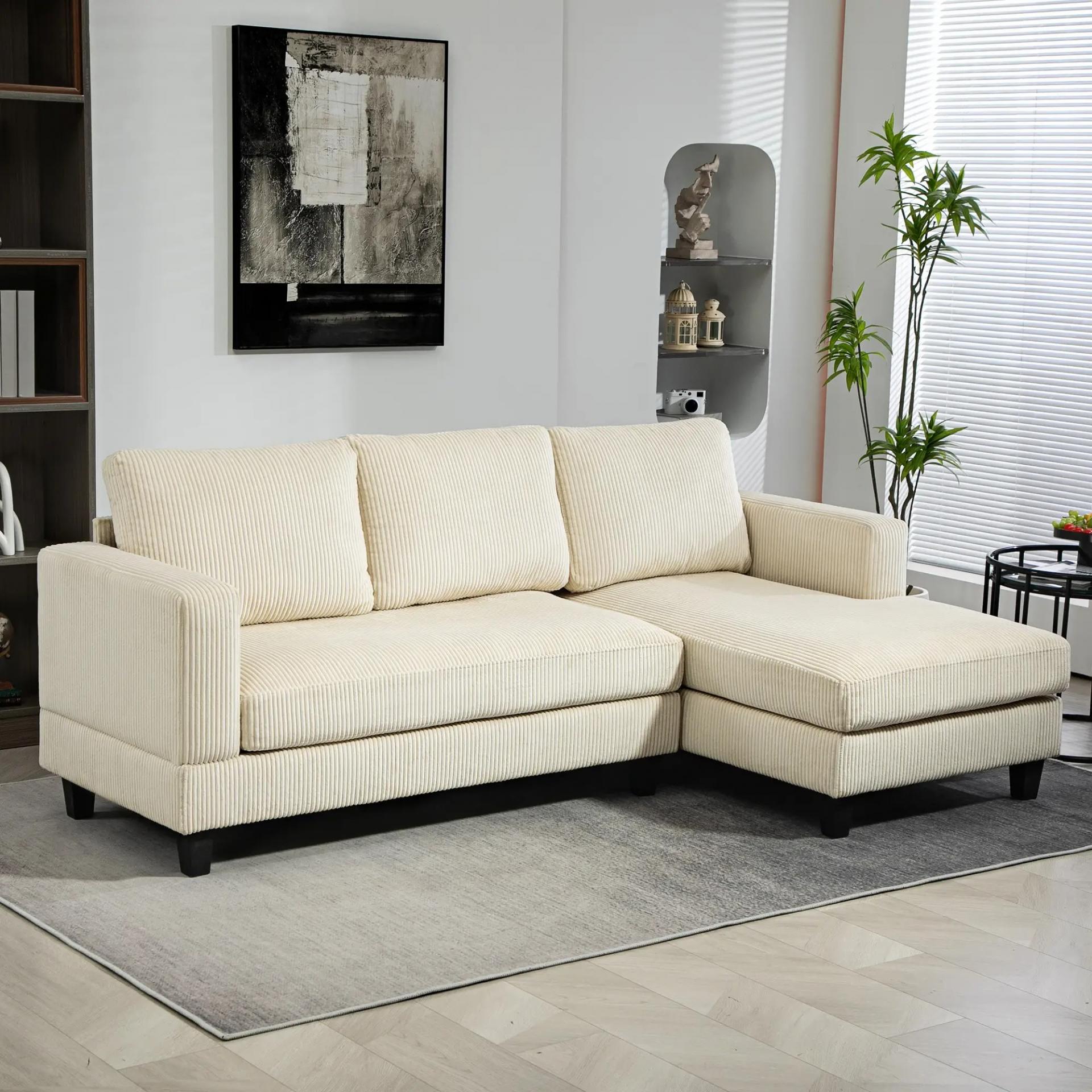 Sofá Chaise Longue de 3 Plazas en Forma de L Tapizado en Pana Asiento y Respaldo Acolchados 214x134x87 cm Beige