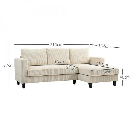 Sofá Chaise Longue de 3 Plazas en Forma de L Tapizado en Pana Asiento y Respaldo Acolchados 214x134x87 cm Beige [1]