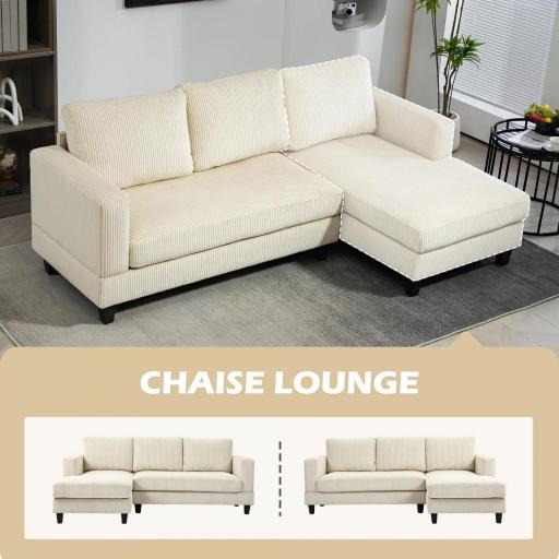 Sofá Chaise Longue de 3 Plazas en Forma de L Tapizado en Pana Asiento y Respaldo Acolchados 214x134x87 cm Beige [2]