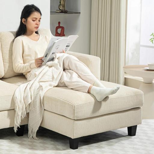 Sofá Chaise Longue de 3 Plazas en Forma de L Tapizado en Pana Asiento y Respaldo Acolchados 214x134x87 cm Beige [6]