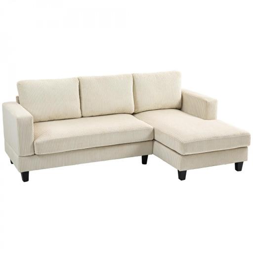 Sofá Chaise Longue de 3 Plazas en Forma de L Tapizado en Pana Asiento y Respaldo Acolchados 214x134x87 cm Beige [9]