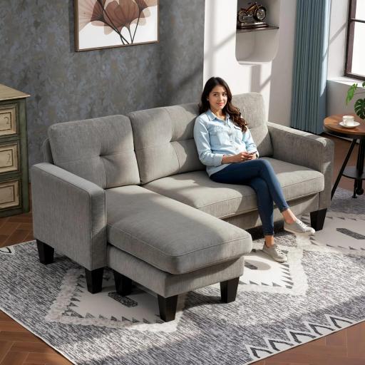 Sofá Chaise Longue Reversible con Estructura de Acero Tapizado en Chenilla 186x130x84cm Marrón Topo