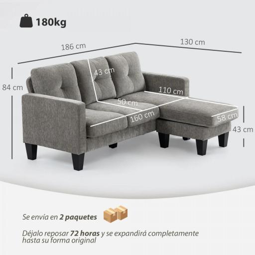 Sofá Chaise Longue Reversible con Estructura de Acero Tapizado en Chenilla 186x130x84cm Marrón Topo [1]