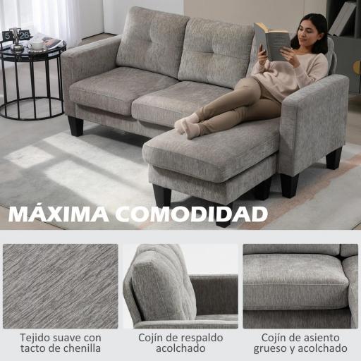 Sofá Chaise Longue Reversible con Estructura de Acero Tapizado en Chenilla 186x130x84cm Marrón Topo [2]