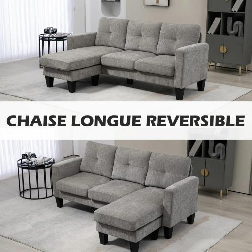 Sofá Chaise Longue Reversible con Estructura de Acero Tapizado en Chenilla 186x130x84cm Marrón Topo [4]