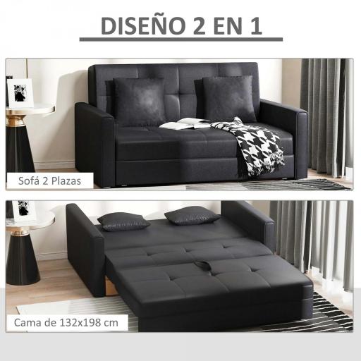 Sofá Cama de 2 Plazas Sofá Cama Tapizado en Poli Algodón con 2 Cojines Desmontables y Espacio de Almacenamiento Sofá Doble para Salón Oficina 152x101x81 cm Gris Carbón [2]