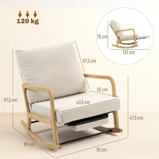 Silla Mecedora Nórdica con Reposapiés Respaldo Ajustable Mecedora de Pana Patas de Madera y Reposabrazos Cojín Crema [1]