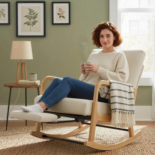 Silla Mecedora Nórdica con Reposapiés Respaldo Ajustable Mecedora de Pana Patas de Madera y Reposabrazos Cojín Crema