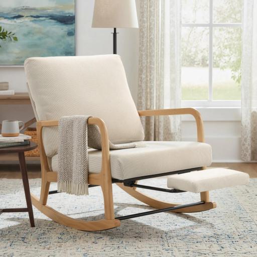 Silla Mecedora Nórdica con Reposapiés Respaldo Ajustable Mecedora de Pana Patas de Madera y Reposabrazos Cojín Crema [8]