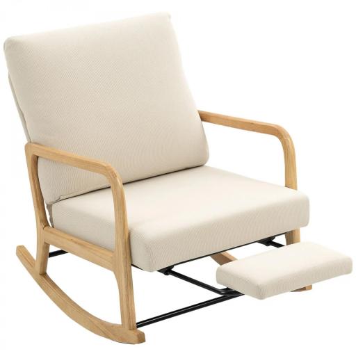 Silla Mecedora Nórdica con Reposapiés Respaldo Ajustable Mecedora de Pana Patas de Madera y Reposabrazos Cojín Crema [9]