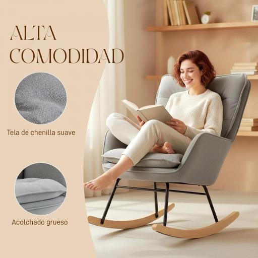 Silla Mecedora con Patas de Madera de Haya y Reposabrazos Mecedora para Lactancia Carga 120 kg para Dormitorio Gris [5]