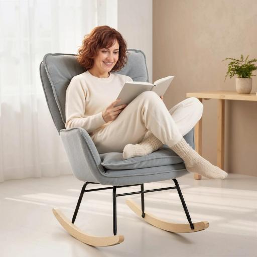 Silla Mecedora con Patas de Madera de Haya y Reposabrazos Mecedora para Lactancia Carga 120 kg para Dormitorio Gris [7]