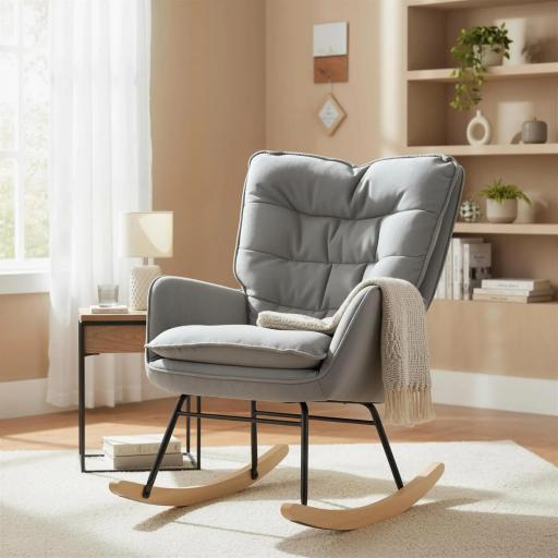 Silla Mecedora con Patas de Madera de Haya y Reposabrazos Mecedora para Lactancia Carga 120 kg para Dormitorio Gris [2]