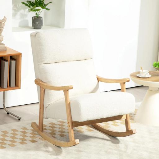 Silla Mecedora de Borreguito con Patas y Reposabrazos de Madera de Caucho Mecedora para Lactancia Carga 120 kg Crema