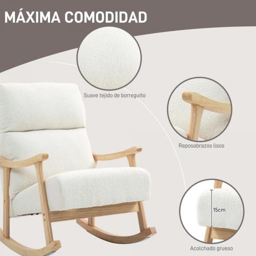 Silla Mecedora de Borreguito con Patas y Reposabrazos de Madera de Caucho Mecedora para Lactancia Carga 120 kg Crema [2]