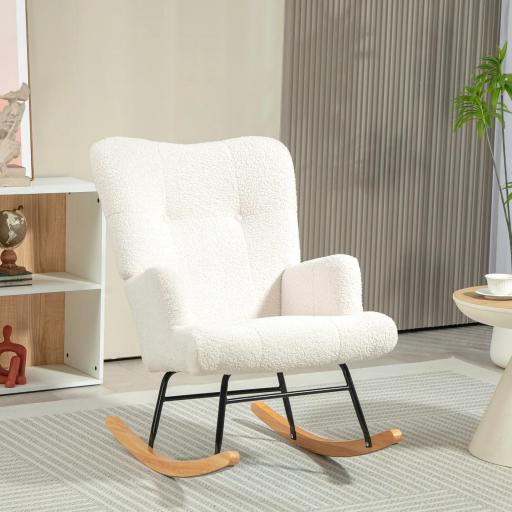 Silla Mecedora de Borreguito con Respaldo Capitoné y Base de Madera de Caucho para Salón o Dormitorio 65x88x87 cm Crema