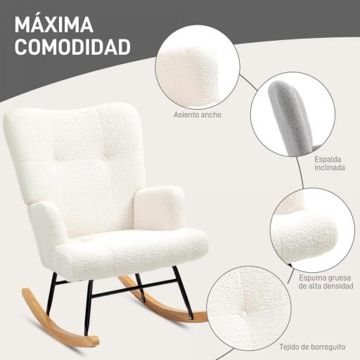 Silla Mecedora de Borreguito con Respaldo Capitoné y Base de Madera de Caucho para Salón o Dormitorio 65x88x87 cm Crema [2]