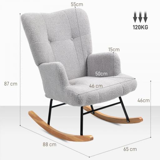 Silla Mecedora de Borreguito con Respaldo Capitoné y Base de Madera de Caucho para Salón o Dormitorio 65x88x87 cm Gris [1]