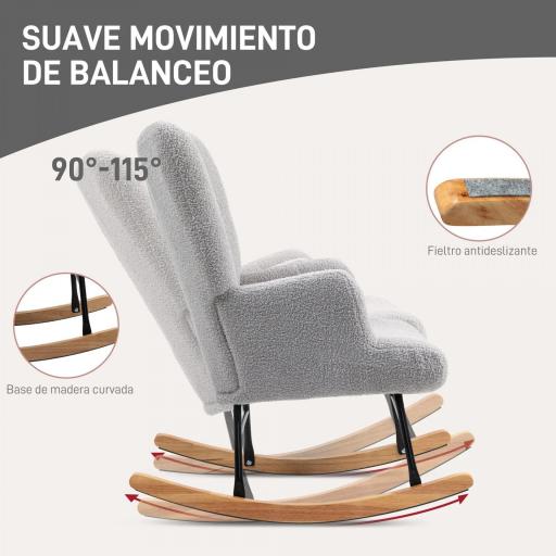 Silla Mecedora de Borreguito con Respaldo Capitoné y Base de Madera de Caucho para Salón o Dormitorio 65x88x87 cm Gris [4]