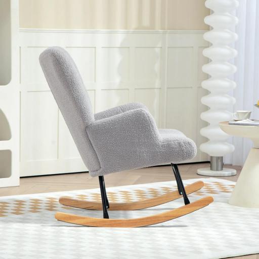 Silla Mecedora de Borreguito con Respaldo Capitoné y Base de Madera de Caucho para Salón o Dormitorio 65x88x87 cm Gris [2]