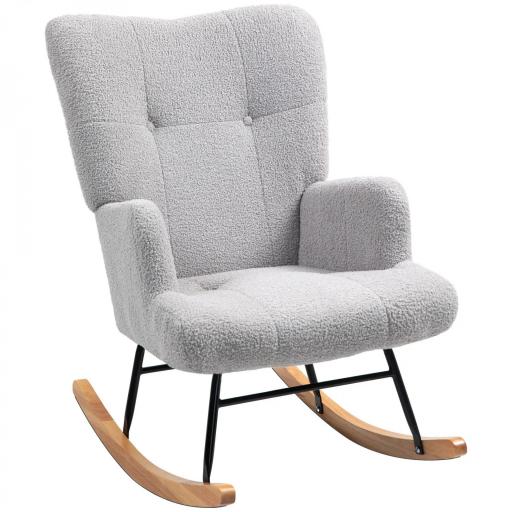 Silla Mecedora de Borreguito con Respaldo Capitoné y Base de Madera de Caucho para Salón o Dormitorio 65x88x87 cm Gris [8]