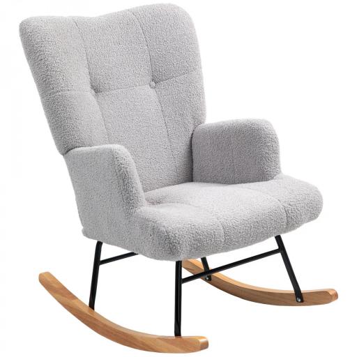 Silla Mecedora de Borreguito con Respaldo Capitoné y Base de Madera de Caucho para Salón o Dormitorio 65x88x87 cm Gris [9]