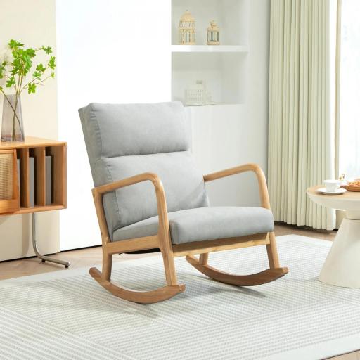Mecedora Tapizada en Lino Silla Mecedora con Patas de Madera de Caucho y Reposabrazos Carga 150 kg Gris