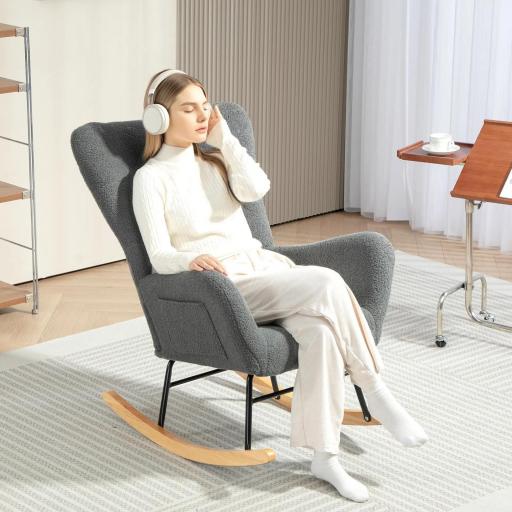 Mecedora de Borreguito con Respaldo Acolchado Almohada y Base de Madera de Caucho Carga 120 kg Gris