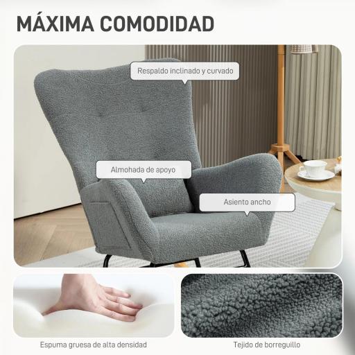 Mecedora de Borreguito con Respaldo Acolchado Almohada y Base de Madera de Caucho Carga 120 kg Gris [4]