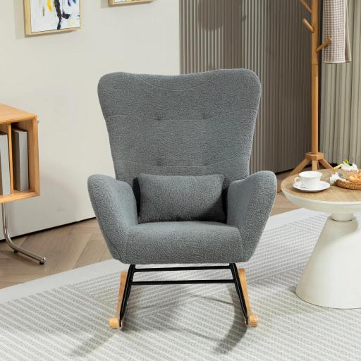 Mecedora de Borreguito con Respaldo Acolchado Almohada y Base de Madera de Caucho Carga 120 kg Gris [6]