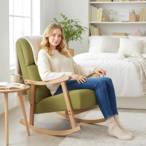 Silla Mecedora de Borreguito con Patas y Reposabrazos de Madera de Caucho Mecedora Carga 120 kg Verde Claro [4]