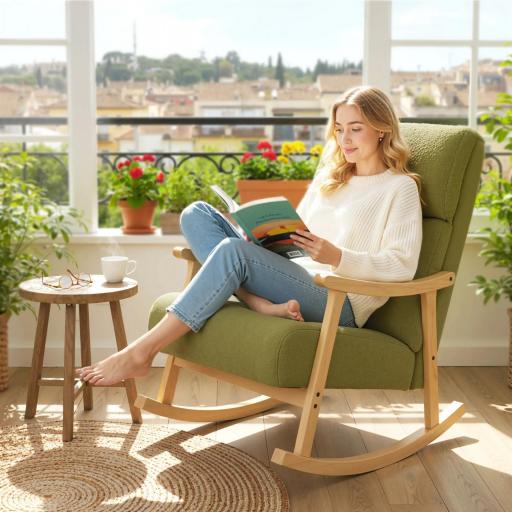 Silla Mecedora de Borreguito con Patas y Reposabrazos de Madera de Caucho Mecedora Carga 120 kg Verde Claro [2]