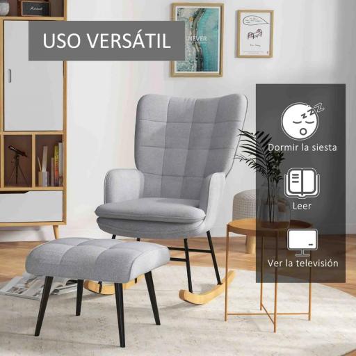 Silla Mecedora con Reposapiés Cojín Acolchado y Reposabrazos Carga 130 kg Gris Claro [2]