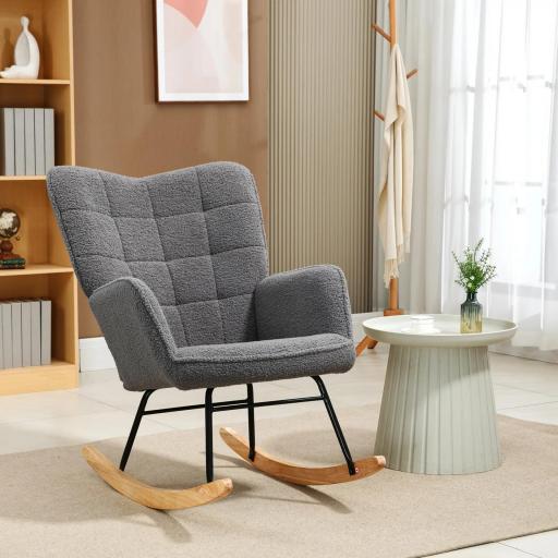 Silla Mecedora de Borreguito Sillón Balancín 40° con Patas de Madera de Haya Carga 120 kg 71x98x101 cm Gris Oscuro [0]