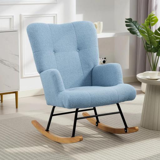 Silla Mecedora de Terciopelo de Teddy con Respaldo Alto Patas de Madera de Caucho Reposabrazos Azul Claro