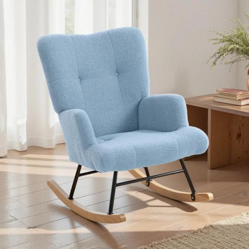 Silla Mecedora de Terciopelo de Teddy con Respaldo Alto Patas de Madera de Caucho Reposabrazos Azul Claro [5]