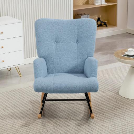Silla Mecedora de Terciopelo de Teddy con Respaldo Alto Patas de Madera de Caucho Reposabrazos Azul Claro [3]